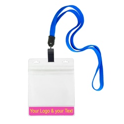 3/8 inch non-metal lanyard-Blue polyester tubular strapwith rotating plastic clip attached clear horizontal 4 x 3 zip-lock custom title bar badge holder
