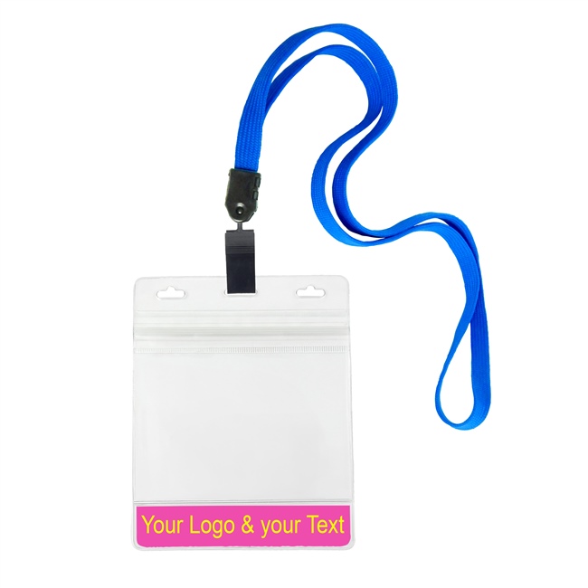 3/8 inch Custom blue Title bar 4x3 holder lanyardwith rotating plastic clip attached clear horizontal 4 x 3 zip-lock custom title bar badge holder-blank-LNB3H3NBLU