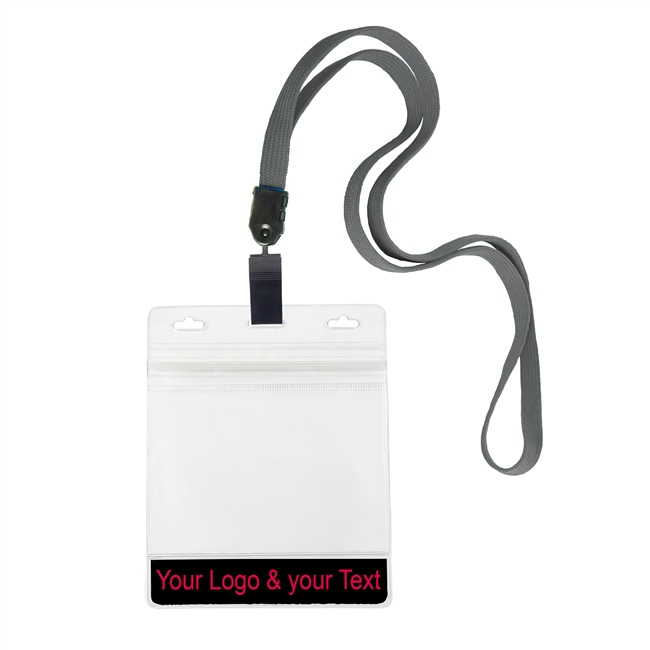 3/8 inch Custom dark gray Title bar 4x3 holder lanyardwith rotating plastic clip attached clear horizontal 4 x 3 zip-lock custom title bar badge holder-blank-LNB3H3NDGY