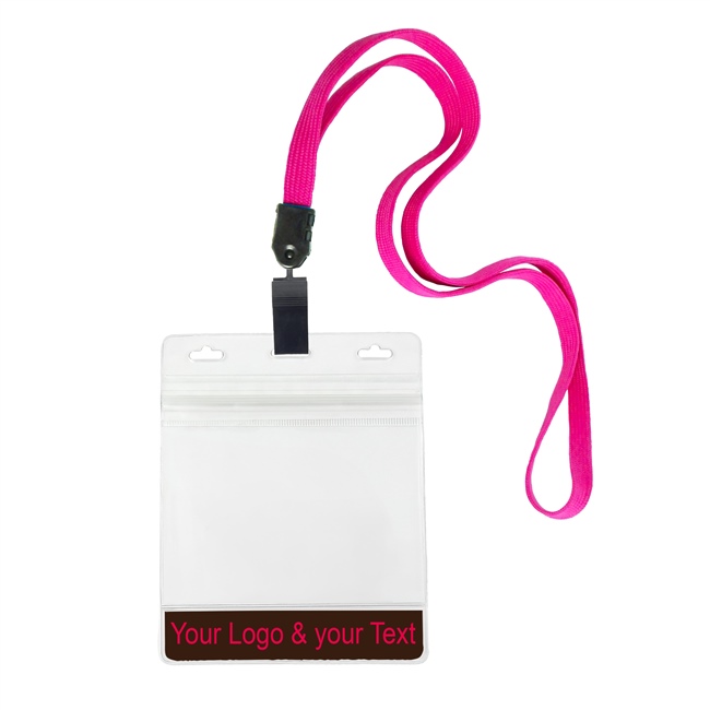 3/8 inch Custom hot pink Title bar 4x3 holder lanyardwith rotating plastic clip attached clear horizontal 4 x 3 zip-lock custom title bar badge holder-blank-LNB3H3NHPK