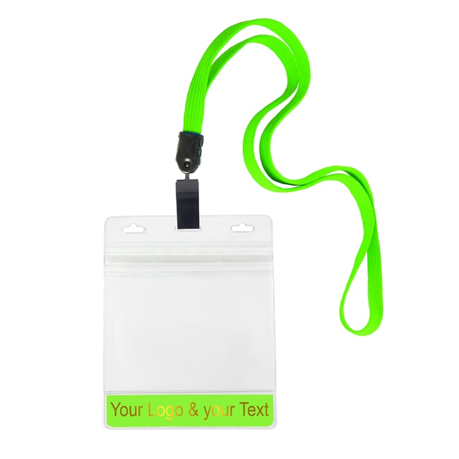 3/8 inch Custom lime green Title bar 4x3 holder lanyardwith rotating plastic clip attached clear horizontal 4 x 3 zip-lock custom title bar badge holder-blank-LNB3H3NLMG