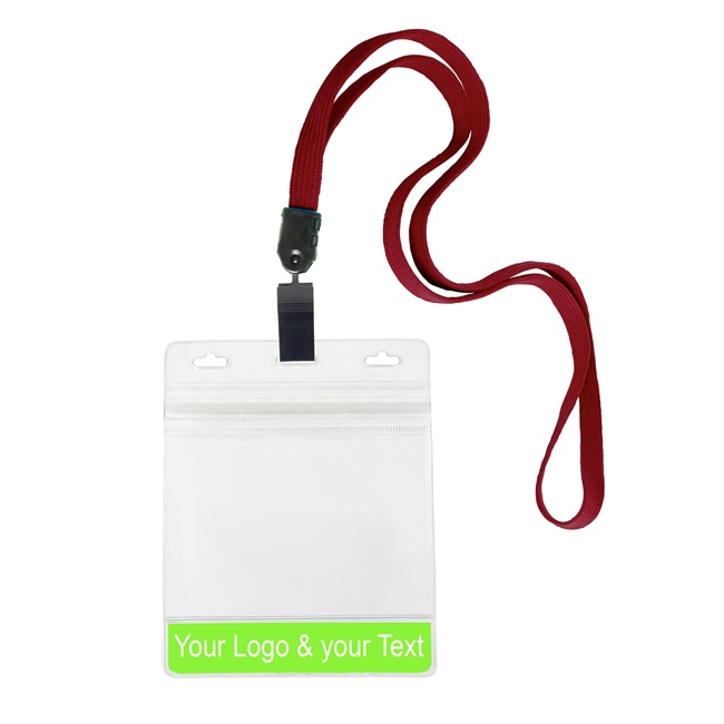3/8 inch Custom maroon Title bar 4x3 holder lanyardwith rotating plastic clip attached clear horizontal 4 x 3 zip-lock custom title bar badge holder-blank-LNB3H3NMRN