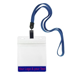 3/8 inch non-metal lanyard-Navyblue polyester tubular strapwith rotating plastic clip attached clear horizontal 4 x 3 zip-lock custom title bar badge holder
