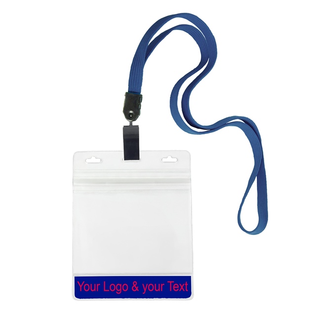 3/8 inch Custom navyblue Title bar 4x3 holder lanyardwith rotating plastic clip attached clear horizontal 4 x 3 zip-lock custom title bar badge holder-blank-LNB3H3NNBL