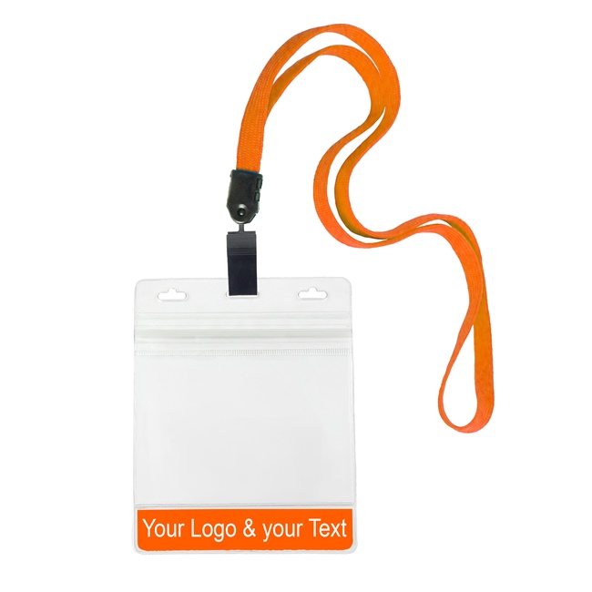3/8 inch Custom orange Title bar 4x3 holder lanyardwith rotating plastic clip attached clear horizontal 4 x 3 zip-lock custom title bar badge holder-blank-LNB3H3NORG