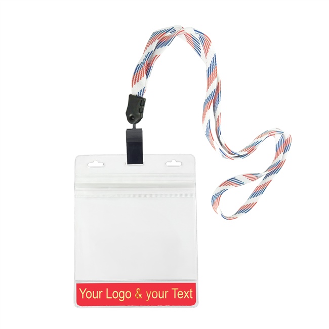 3/8 inch Custom patriotic pattern Title bar 4x3 holder lanyardwith rotating plastic clip attached clear horizontal 4 x 3 zip-lock custom title bar badge holder-blank-LNB3H3NRBW