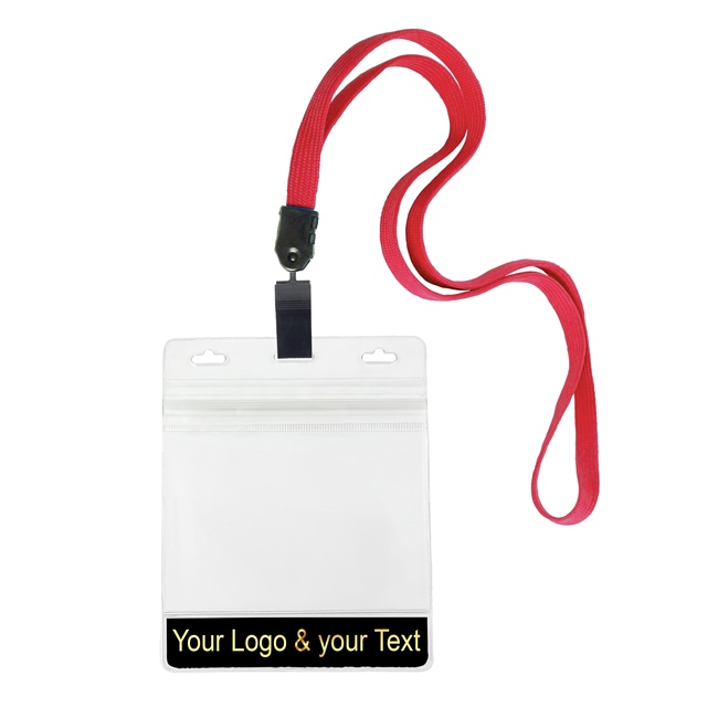 3/8 inch Custom red Title bar 4x3 holder lanyardwith rotating plastic clip attached clear horizontal 4 x 3 zip-lock custom title bar badge holder-blank-LNB3H3NRED