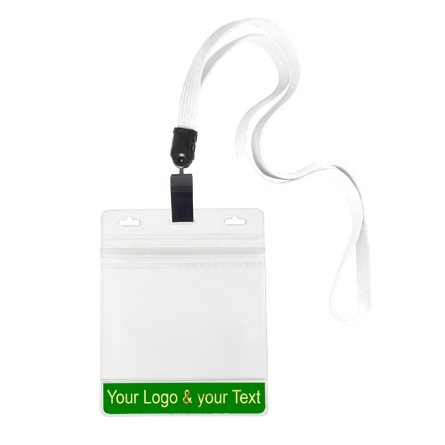 3/8 inch Custom white Title bar 4x3 holder lanyardwith rotating plastic clip attached clear horizontal 4 x 3 zip-lock custom title bar badge holder-blank-LNB3H3NWHT