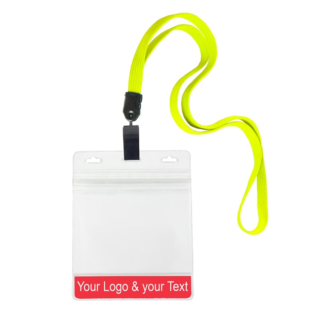 3/8 inch Custom yellow Title bar 4x3 holder lanyardwith rotating plastic clip attached clear horizontal 4 x 3 zip-lock custom title bar badge holder-blank-LNB3H3NYLW