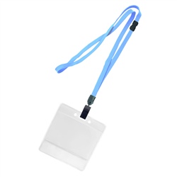 3/8 inch breakaway lanyard-Baby blue polyester tubular strapwith rotating plastic clip attached clear horizontal 3 1/2 x 2 1/4 title bar badge holder