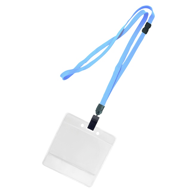 3/8 inch Baby blue title bar horizontal ID holder lanyardwith rotating plastic clip attached clear horizontal 3 1/2 x 2 1/4 title bar badge holder-blank-LNB3H4BBBL