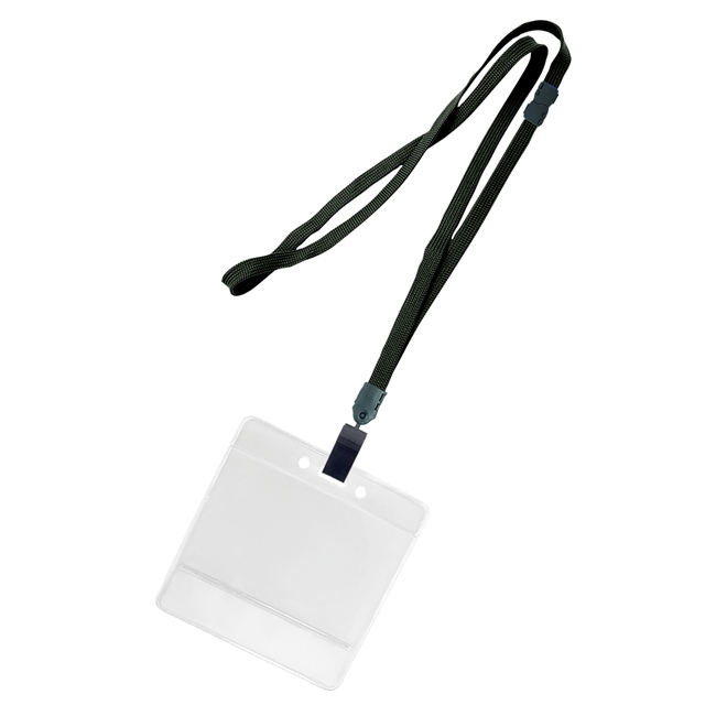 3/8 inch Black title bar horizontal ID holder lanyardwith rotating plastic clip attached clear horizontal 3 1/2 x 2 1/4 title bar badge holder-blank-LNB3H4BBLK