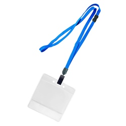3/8 inch breakaway lanyard-Blue polyester tubular strapwith rotating plastic clip attached clear horizontal 3 1/2 x 2 1/4 title bar badge holder