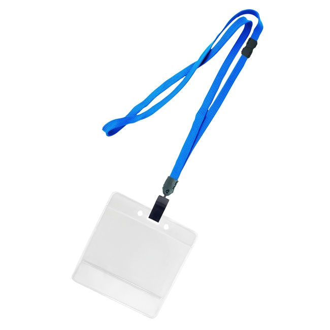 3/8 inch Blue title bar horizontal ID holder lanyardwith rotating plastic clip attached clear horizontal 3 1/2 x 2 1/4 title bar badge holder-blank-LNB3H4BBLU