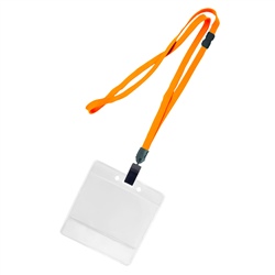 3/8 inch breakaway lanyard-Carrot orange polyester tubular strapwith rotating plastic clip attached clear horizontal 3 1/2 x 2 1/4 title bar badge holder