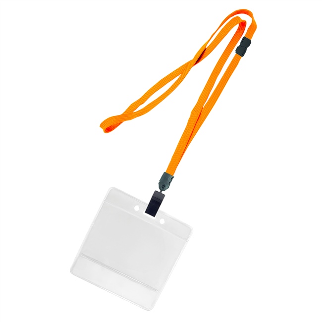 3/8 inch Carrot orange title bar horizontal ID holder lanyardwith rotating plastic clip attached clear horizontal 3 1/2 x 2 1/4 title bar badge holder-blank-LNB3H4BCOG
