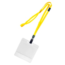 3/8 inch breakaway lanyard-Dandelion polyester tubular strapwith rotating plastic clip attached clear horizontal 3 1/2 x 2 1/4 title bar badge holder