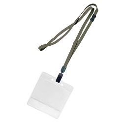 3/8 inch breakaway lanyard-Dark gray polyester tubular strapwith rotating plastic clip attached clear horizontal 3 1/2 x 2 1/4 title bar badge holder