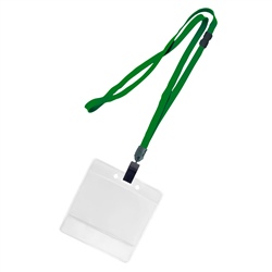 3/8 inch breakaway lanyard-Green polyester tubular strapwith rotating plastic clip attached clear horizontal 3 1/2 x 2 1/4 title bar badge holder