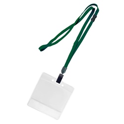 3/8 inch breakaway lanyard-Hunter green polyester tubular strapwith rotating plastic clip attached clear horizontal 3 1/2 x 2 1/4 title bar badge holder