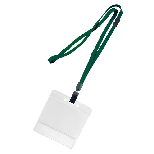 3/8 inch Hunter green title bar horizontal ID holder lanyardwith rotating plastic clip attached clear horizontal 3 1/2 x 2 1/4 title bar badge holder-blank-LNB3H4BHGN