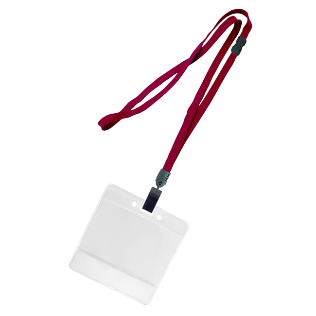 3/8 inch Maroon title bar horizontal ID holder lanyardwith rotating plastic clip attached clear horizontal 3 1/2 x 2 1/4 title bar badge holder-blank-LNB3H4BMRN