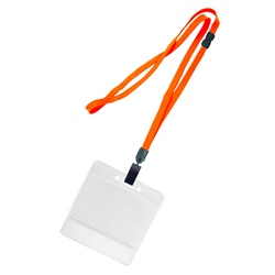 3/8 inch breakaway lanyard-Orange polyester tubular strapwith rotating plastic clip attached clear horizontal 3 1/2 x 2 1/4 title bar badge holder