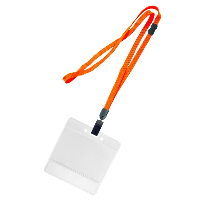 3/8 inch Orange title bar horizontal ID holder lanyardwith rotating plastic clip attached clear horizontal 3 1/2 x 2 1/4 title bar badge holder-blank-LNB3H4BORG