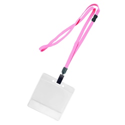 3/8 inch breakaway lanyard-Pink polyester tubular strapwith rotating plastic clip attached clear horizontal 3 1/2 x 2 1/4 title bar badge holder