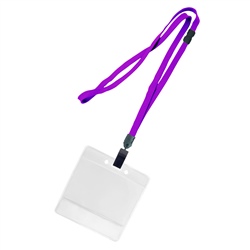 3/8 inch breakaway lanyard-Purple polyester tubular strapwith rotating plastic clip attached clear horizontal 3 1/2 x 2 1/4 title bar badge holder
