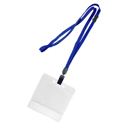 3/8 inch breakaway lanyard-Royalblue polyester tubular strapwith rotating plastic clip attached clear horizontal 3 1/2 x 2 1/4 title bar badge holder