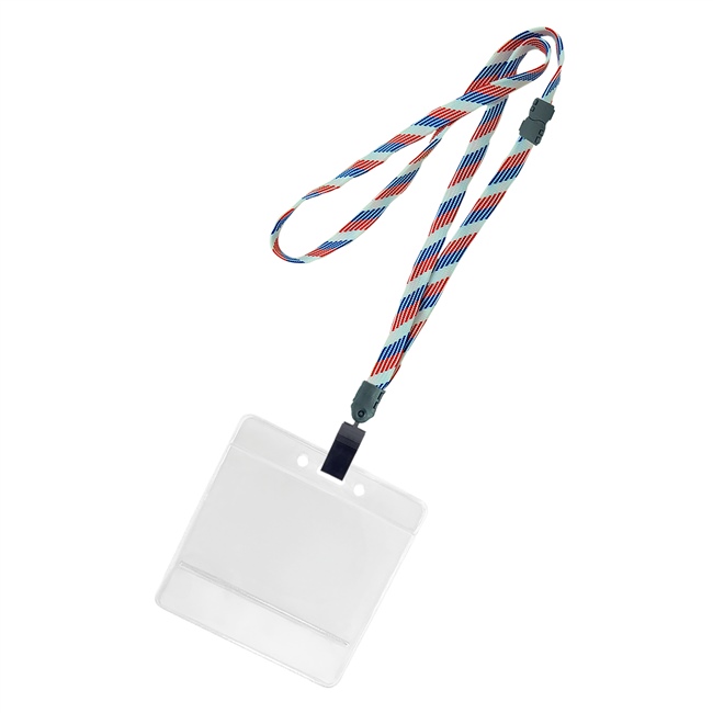 3/8 inch Patriotic pattern title bar horizontal ID holder lanyardwith rotating plastic clip attached clear horizontal 3 1/2 x 2 1/4 title bar badge holder-blank-LNB3H4BRBW