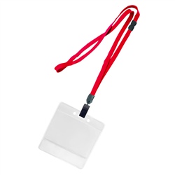 3/8 inch breakaway lanyard-Red polyester tubular strapwith rotating plastic clip attached clear horizontal 3 1/2 x 2 1/4 title bar badge holder
