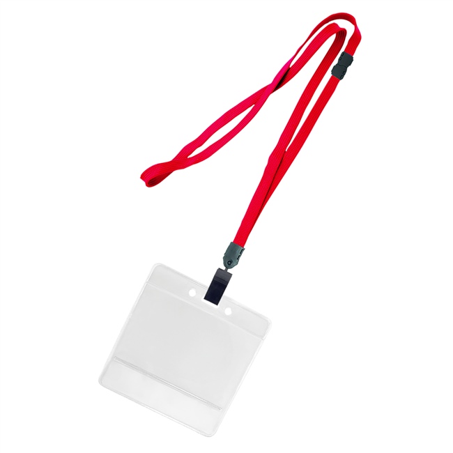 3/8 inch Red title bar horizontal ID holder lanyardwith rotating plastic clip attached clear horizontal 3 1/2 x 2 1/4 title bar badge holder-blank-LNB3H4BRED