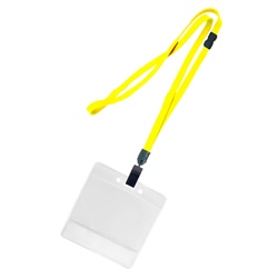 3/8 inch breakaway lanyard-Yellow polyester tubular strapwith rotating plastic clip attached clear horizontal 3 1/2 x 2 1/4 title bar badge holder