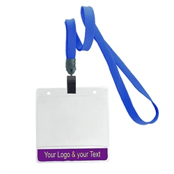 3/8 inch non-metal lanyard-Blue polyester tubular strapwith rotating plastic clip attached clear horizontal 3 1/2 x 2 1/4 custom title bar badge holder