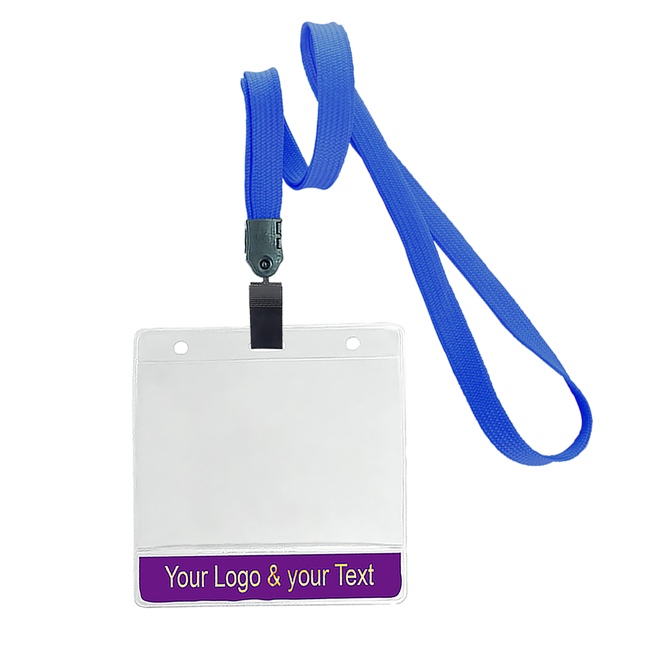 3/8 inch Custom blue title bar horizontal ID holder lanyardwith rotating plastic clip attached clear horizontal 3 1/2 x 2 1/4 custom title bar badge holder-blank-LNB3H4NBLU