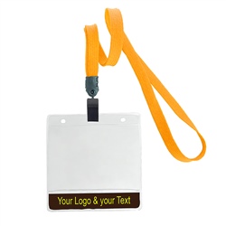 3/8 inch non-metal lanyard-Carrot orange polyester tubular strapwith rotating plastic clip attached clear horizontal 3 1/2 x 2 1/4 custom title bar badge holder
