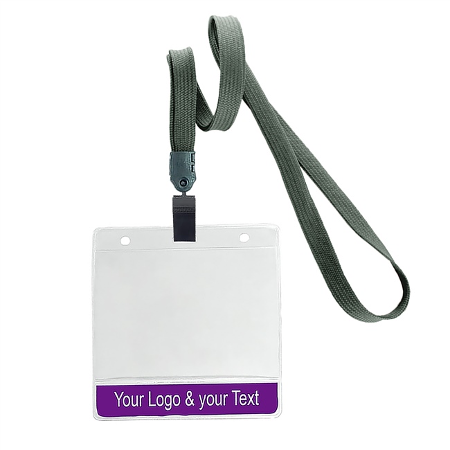 3/8 inch Custom dark gray title bar horizontal ID holder lanyardwith rotating plastic clip attached clear horizontal 3 1/2 x 2 1/4 custom title bar badge holder-blank-LNB3H4NDGY