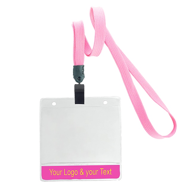 3/8 inch Custom pink title bar horizontal ID holder lanyardwith rotating plastic clip attached clear horizontal 3 1/2 x 2 1/4 custom title bar badge holder-blank-LNB3H4NPNK