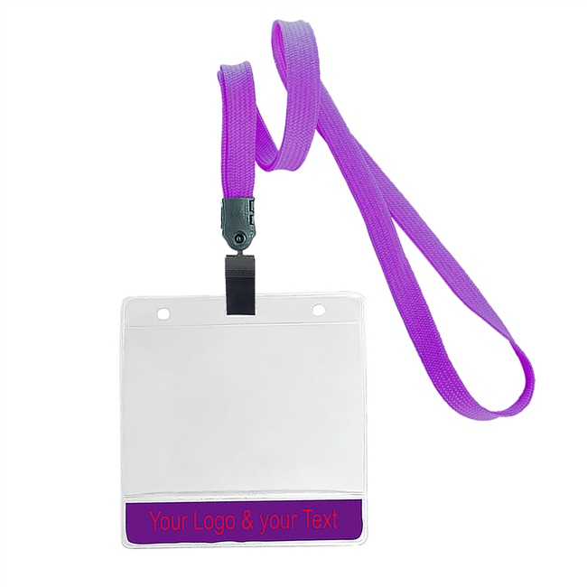 3/8 inch Custom purple title bar horizontal ID holder lanyardwith rotating plastic clip attached clear horizontal 3 1/2 x 2 1/4 custom title bar badge holder-blank-LNB3H4NPRP