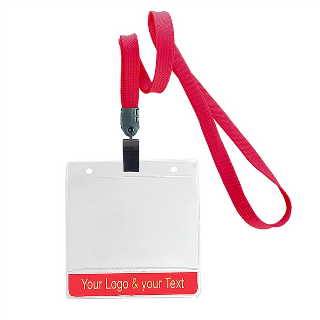 3/8 inch Custom red title bar horizontal ID holder lanyardwith rotating plastic clip attached clear horizontal 3 1/2 x 2 1/4 custom title bar badge holder-blank-LNB3H4NRED