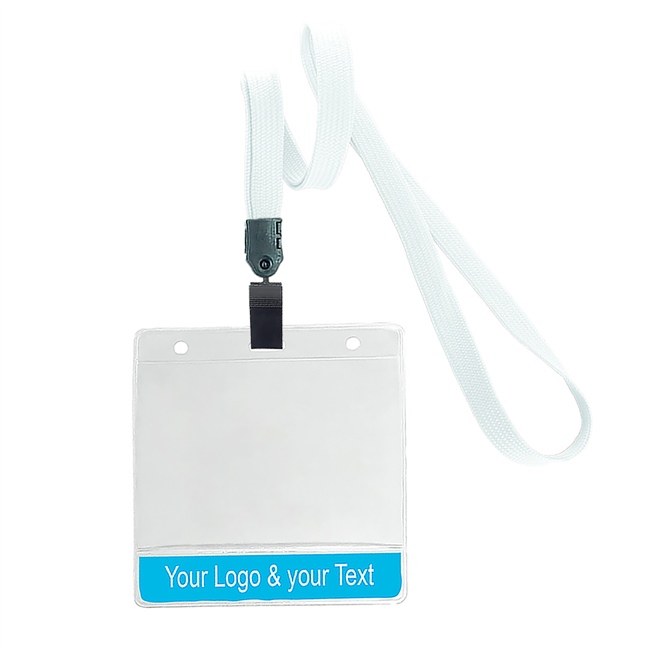 3/8 inch Custom white title bar horizontal ID holder lanyardwith rotating plastic clip attached clear horizontal 3 1/2 x 2 1/4 custom title bar badge holder-blank-LNB3H4NWHT