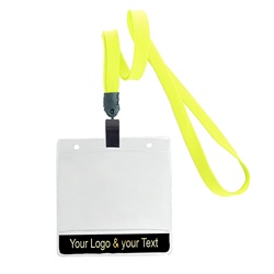 3/8 inch non-metal lanyard-Yellow polyester tubular strapwith rotating plastic clip attached clear horizontal 3 1/2 x 2 1/4 custom title bar badge holder