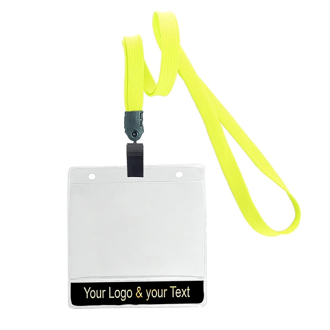 3/8 inch Custom yellow title bar horizontal ID holder lanyardwith rotating plastic clip attached clear horizontal 3 1/2 x 2 1/4 custom title bar badge holder-blank-LNB3H4NYLW
