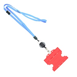 3/8 inch Baby blue  breakaway lanyards attached split ring with a retractable id reel and horizontal title bar double-sided ID card holder-blank