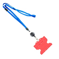 3/8 inch Blue  breakaway lanyards attached split ring with a retractable id reel and horizontal title bar double-sided ID card holder-blank