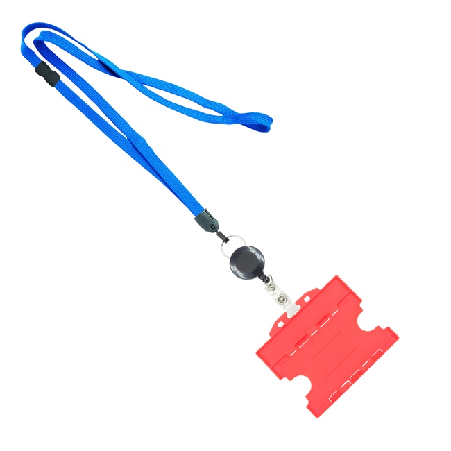 3/8 inch Blue  breakaway lanyards attached split ring with a retractable id reel and horizontal title bar double-sided ID card holder-blank-LNB3RFBBLU