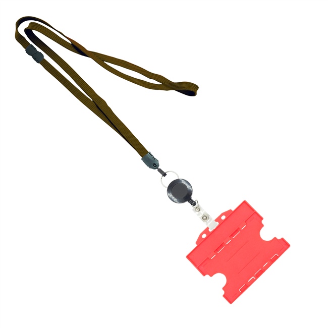 3/8 inch Brown  breakaway lanyards attached split ring with a retractable id reel and horizontal title bar double-sided ID card holder-blank-LNB3RFBBRN