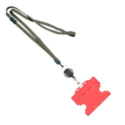 3/8 inch Dark gray  breakaway lanyards attached split ring with a retractable id reel and horizontal title bar double-sided ID card holder-blank
